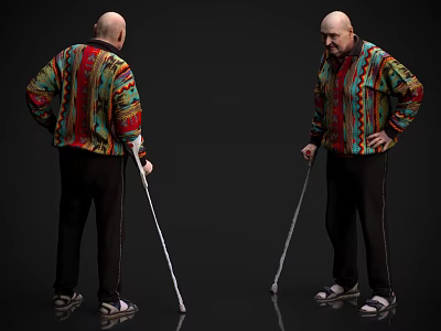 Bald Man In Colorful Patterned Jacket Holding Cane On Reflective Dark Floor 3d model