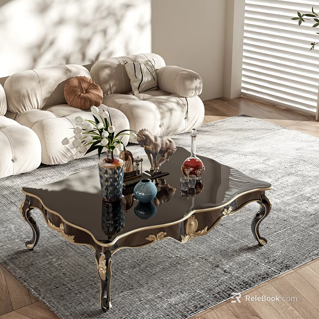 Elegant Modern Black Coffee Table With Gold Legs And Decorative Items 3d model 