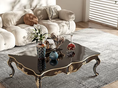 Elegant Modern Black Coffee Table With Gold Legs And Decorative Items 3d model