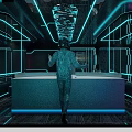Futuristic KTV Corridor with Blue Pink Neon Lights Reflective Floor and High Tech Design