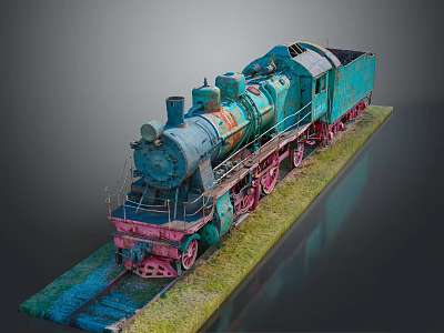 Old Steam Train Model Turquoise And Pink On Tracks With Grass 3d model