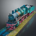 Old Steam Train Model Turquoise And Pink On Tracks With Grass