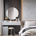 Modern Bedroom Interior Design With Large Bed Dressing Table Round Mirror And Rug 3d model