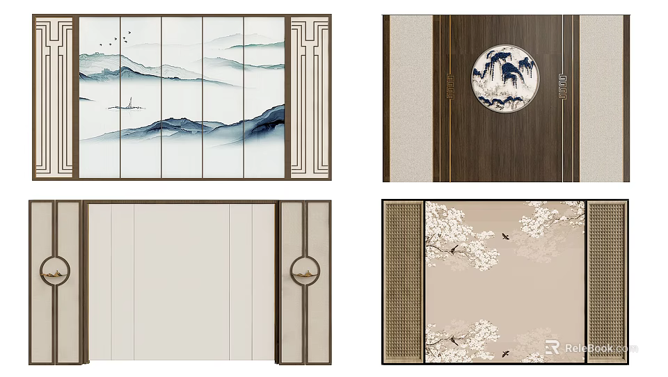 Chinese Traditional Background Wall Design with Mountain Water Painting Circular Decor and Plum Blossoms 3d model 