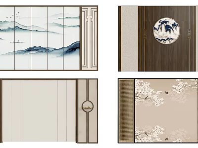 Chinese Traditional Background Wall Design with Mountain Water Painting Circular Decor and Plum Blossoms 3d model