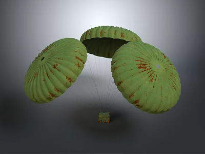 Landscape View Of Gray Sky With Three Green Parachutes Rust Marks And Small Box 3d model