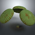 Landscape View Of Gray Sky With Three Green Parachutes Rust Marks And Small Box