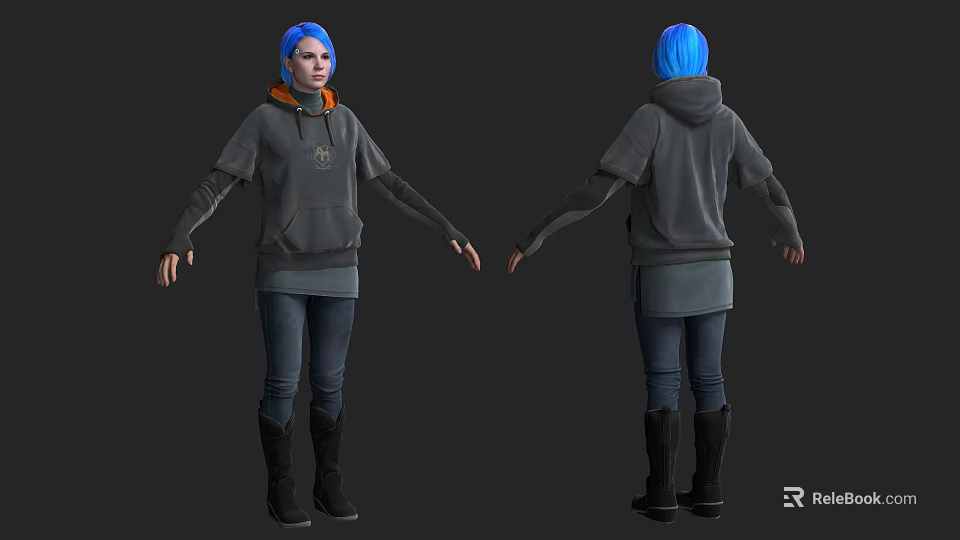 Woman With Blue Hair Wearing Gray Hoodie Orange Lining Jeans And Boots Front Back View 3d model 