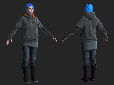 Woman With Blue Hair Wearing Gray Hoodie Orange Lining Jeans And Boots Front Back View 3d model