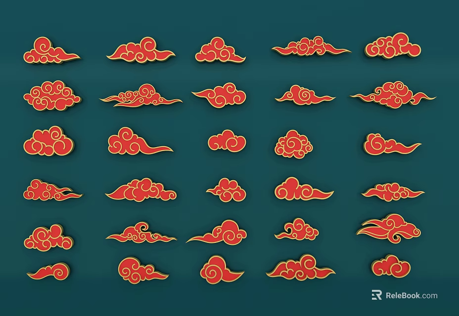 Traditional Red Cloud Pattern Wall Decor With Various Shapes On Green Background 3d model 
