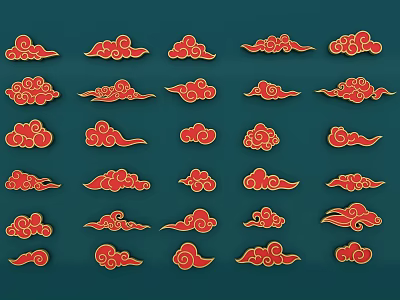 Traditional Red Cloud Pattern Wall Decor With Various Shapes On Green Background 3d model