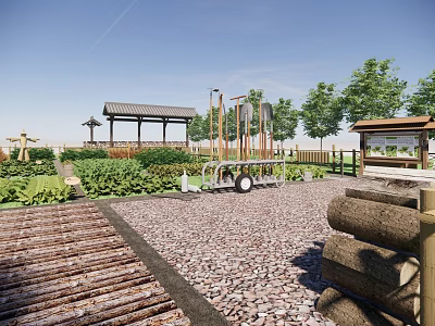 Rural Landscape With Wooden Pavilion Lush Greenery Log Decorations And Gravel Pathway 3d model