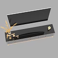Modern Black TV Stand With Drawers Gold Knobs TV And Decorative Plants Figurine