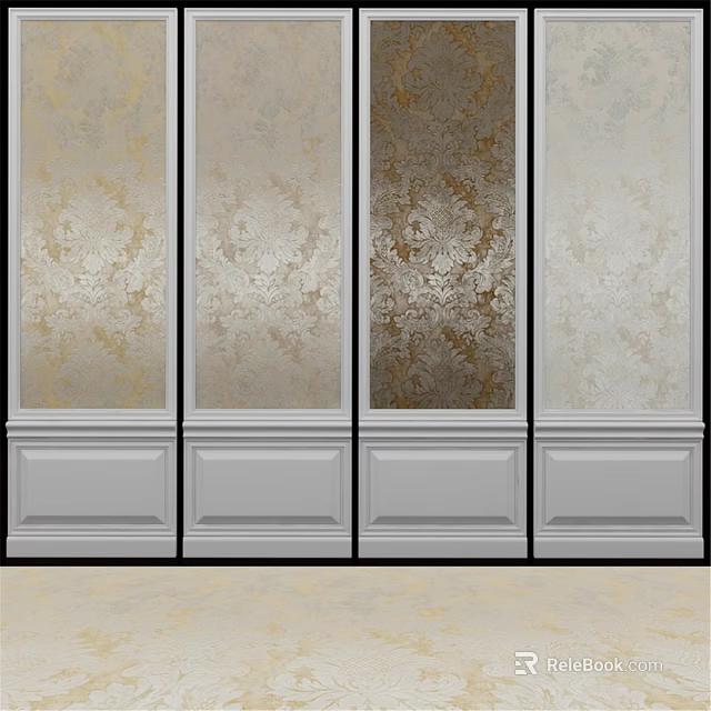 Decorative Wall Panels With Ornate Patterns And White Base Trim In Gold Beige Brown 3d model 