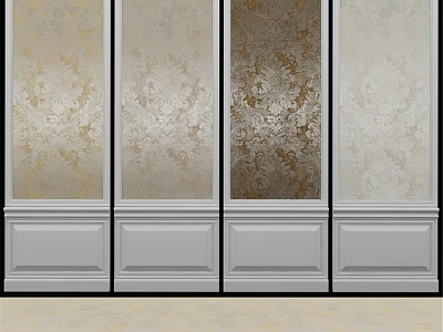 Decorative Wall Panels With Ornate Patterns And White Base Trim In Gold Beige Brown 3d model