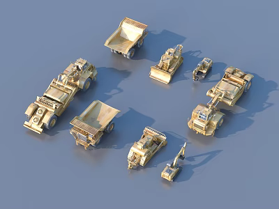 Golden Toy Construction Vehicle Models With Different Types On Blue Background 3d model