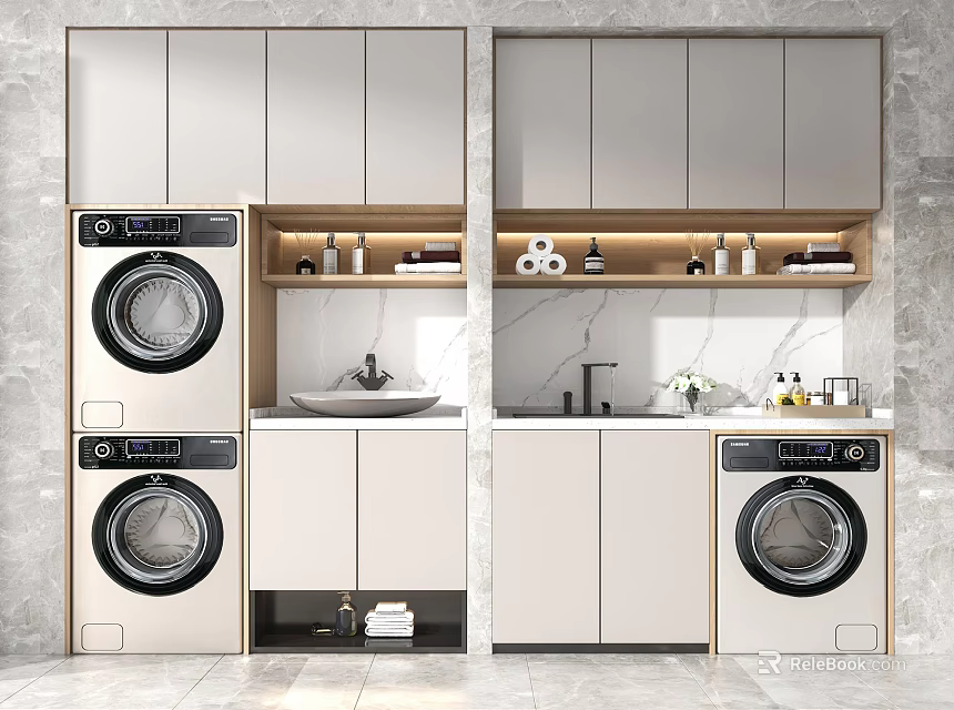 Modern Bathroom Cabinet Interior With Washing Machine Sink Faucet And Storage Shelves 3d model 