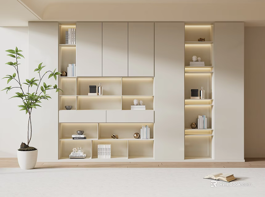Modern White Bookcase With Open Shelves Closed Cabinets Books Decorative Items And Green Plant 3d model 