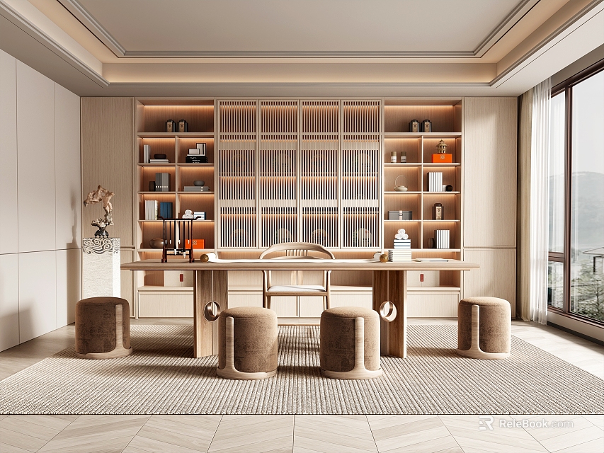 Modern Study Room Interior With Open Bookshelves Wooden Desk Large Window And Neutral Rug 3d model 