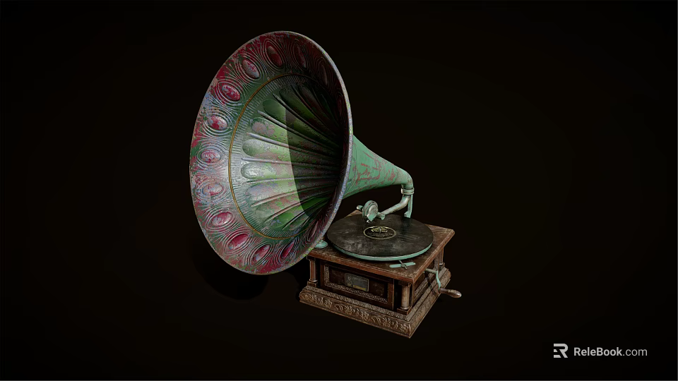 Vintage Gramophone With Colorful Decorative Horn And Wooden Carved Base Design 3d model 