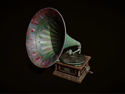 Vintage Gramophone With Colorful Decorative Horn And Wooden Carved Base Design 3d model