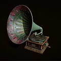 Vintage Gramophone With Colorful Decorative Horn And Wooden Carved Base Design