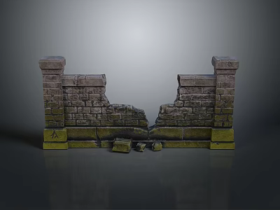 Modern Urban Scene Featuring Broken Brick Wall Two Stone Pillars And Moss On Gray Backdrop 3d model
