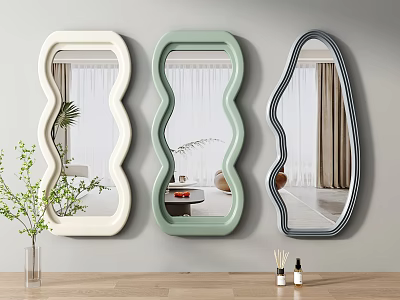 Three Curved Wall Mounted Mirrors With Indoor Plants And Minimalist Decor In Modern Interior Design 3d model