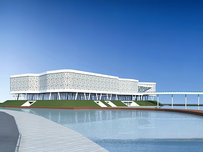 Modern Museum Building Featuring Geometric Facade Glass Elements Waterfront And Lawn 3d model