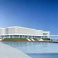 Modern Museum Building Featuring Geometric Facade Glass Elements Waterfront And Lawn 3d model
