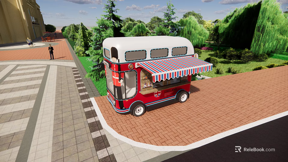 Red Food Truck With Striped Awning Serving Food In Outdoor Area Surrounded By Green Trees 3d model 