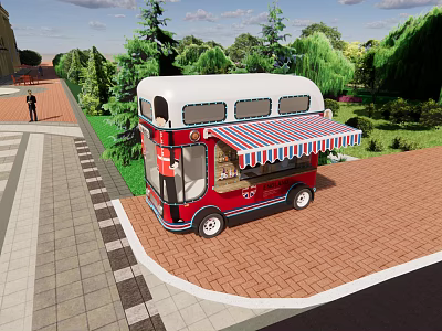 Red Food Truck With Striped Awning Serving Food In Outdoor Area Surrounded By Green Trees 3d model