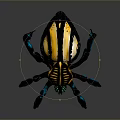 Detailed Black Yellow Blue Spider With Glowing Green Eyes And Segmented Body