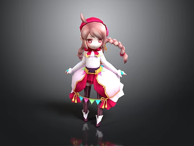 Cartoon Style 3D Character Model With Pink Braided Pigtails Red Headpiece And Colorful Outfit 3d model