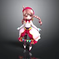 Cartoon Style 3D Character Model With Pink Braided Pigtails Red Headpiece And Colorful Outfit