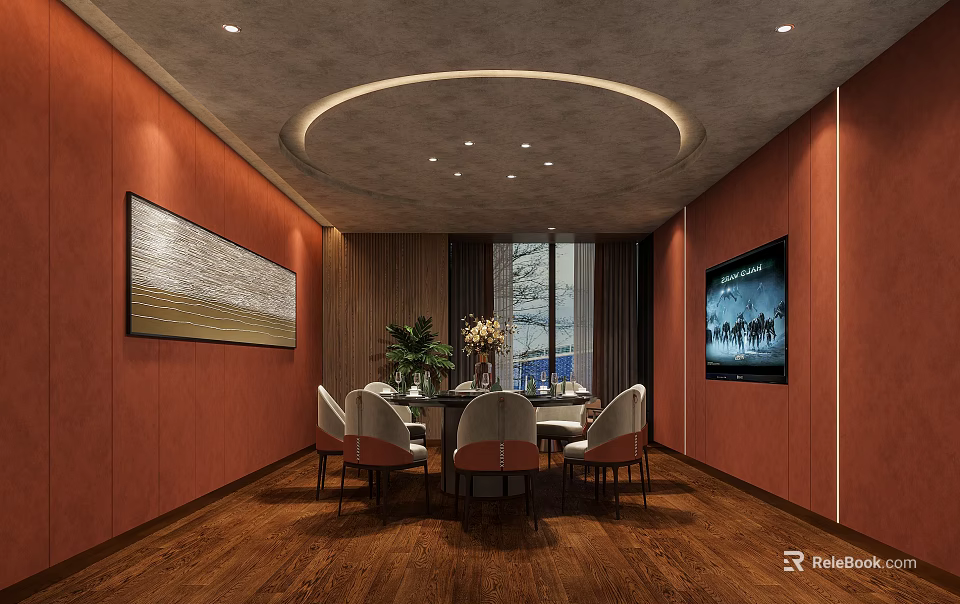Private Dining Room Interior With Orange Walls Circular Ceiling Light Dining Table And Chairs 3d model