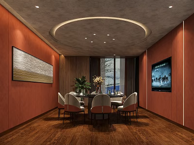 Private Dining Room Interior With Orange Walls Circular Ceiling Light Dining Table And Chairs 3d model