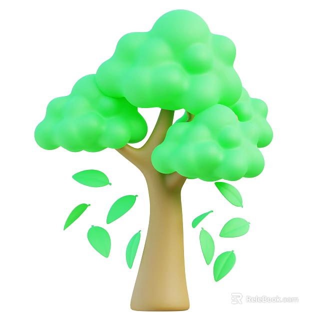 Vibrant Green Shrub with Brown Trunk and Falling Fresh Green Leaves 3d model 