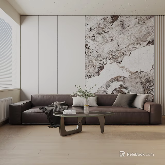 Brown Leather Three Seater Sofa Living Room With Glass Coffee Table And Marble Wall Art 3d model 