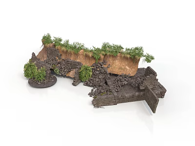 Modern Scene Featuring Broken Structures Rocks And Lush Vegetation On Natural Terrain 3d model