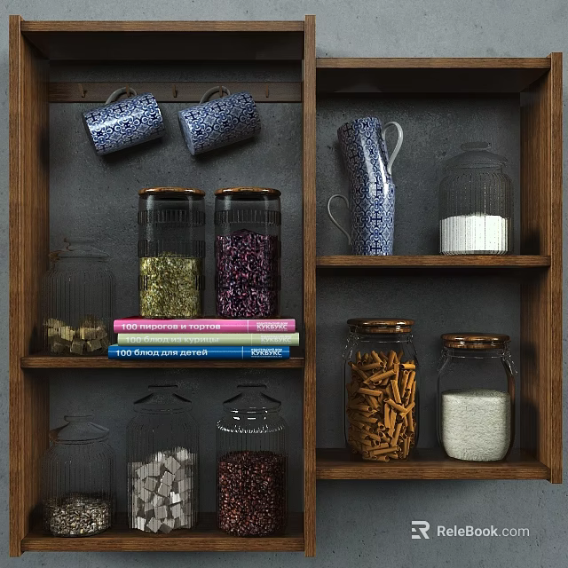 Organized Kitchenware Display On Wooden Shelves With Storage Jars Mugs And Colorful Ingredients 3d model 