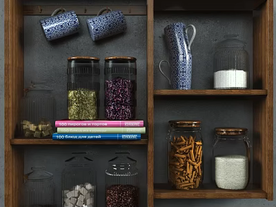 Organized Kitchenware Display On Wooden Shelves With Storage Jars Mugs And Colorful Ingredients 3d model