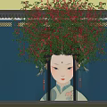 Lush Vines With Red Flowers Adorning Traditional Female Figure On Blue Background