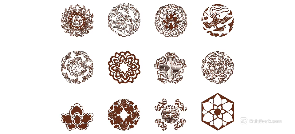 Traditional Chinese Decorative Carvings Featuring Lotus Dragon Crane And Geometric Patterns 3d model 