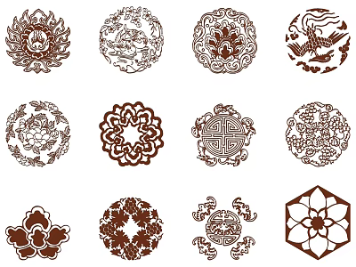 Traditional Chinese Decorative Carvings Featuring Lotus Dragon Crane And Geometric Patterns 3d model