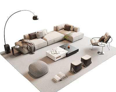 Modern Sofa Coffee Table Set With Floor Lamp Armchair Ottoman Decorative Pillows And Soft Rug 3d model