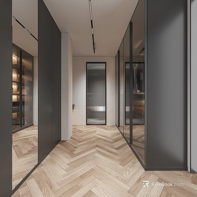 Modern Walk in Closet with Herringbone Wooden Flooring Glass Door Cabinets and Recessed Lighting 3d model 