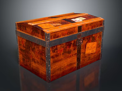 Vintage Wooden Storage Trunk With Metal Trim And Paper Labels For Home Use 3d model