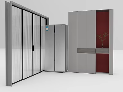 Modern Interior With Stainless Steel Refrigerator Freezer And Glass Door Cabinets 3d model