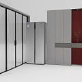 Modern Interior With Stainless Steel Refrigerator Freezer And Glass Door Cabinets